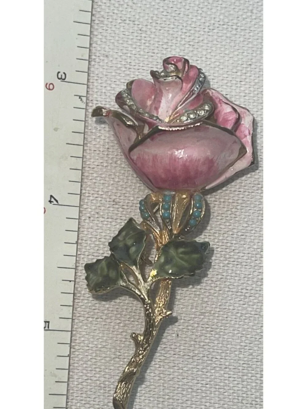 Vtg Signed Coro Enamel Rose Brooch Pink Floral Pin With Rhinestones & Gold-Tone